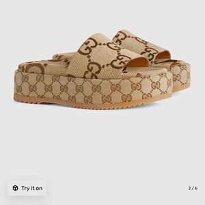 Gucci Tan Monogram Platform Slides